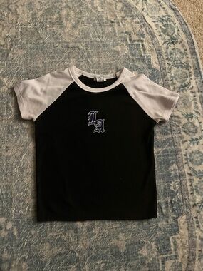 Cropped Black Tee with White Raglan Sleeves and LA Embroidery